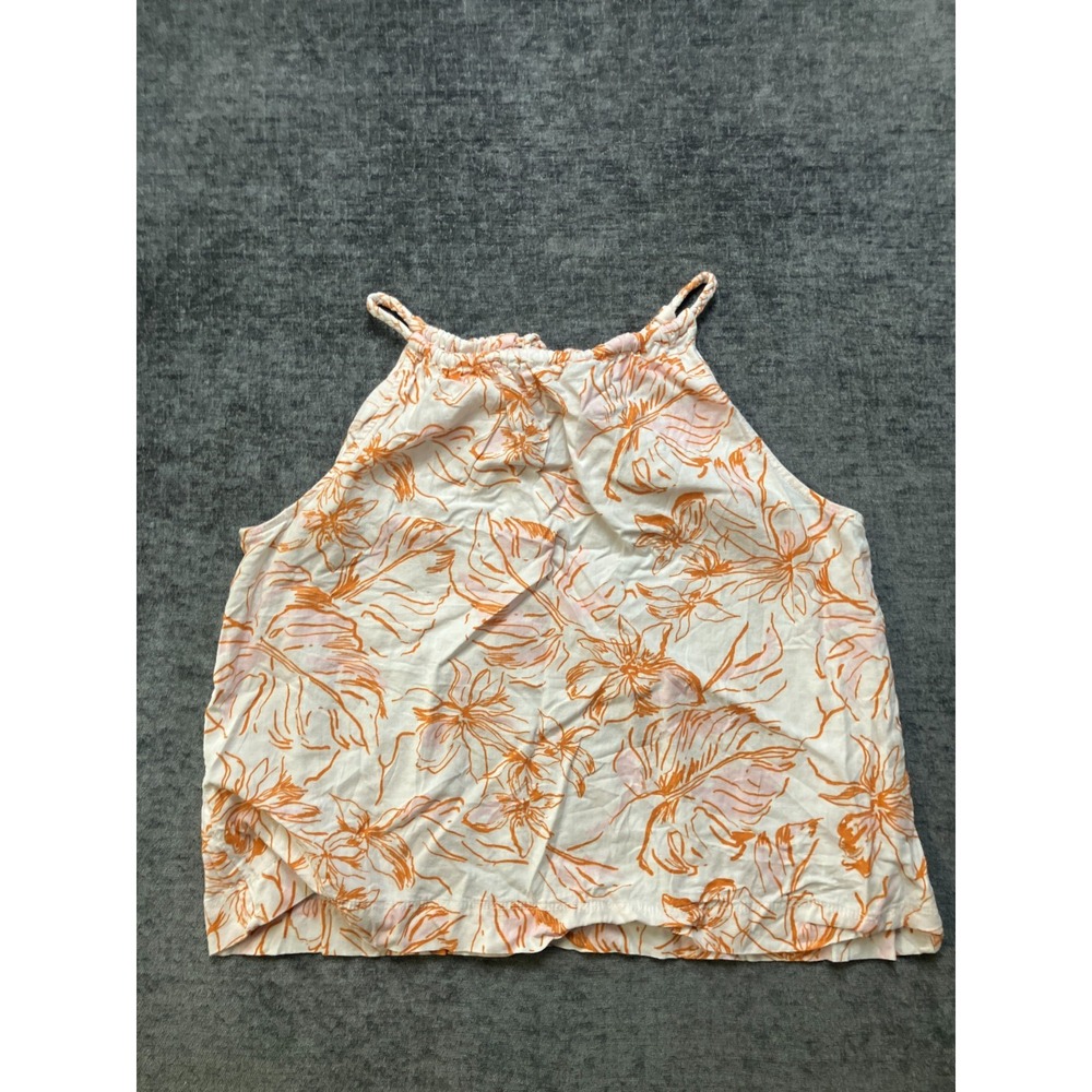 Joie Tank Top Womens Medium White Orange Floral Linen Halter Neck Back Keyhole